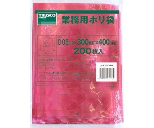 トラスコ中山 小型ポリ袋 縦400X横300Xt0.05 赤(200枚入) A-3040R 1袋(ご注文単位1袋)【直送品】