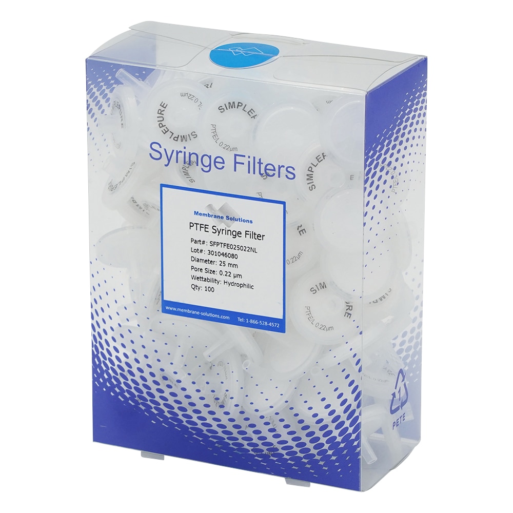 Membrane Solutions シリンジフィルター(親水性)PTFE φ25mm/φ0.22μm 1箱(100個入) PTFE025022L 1箱(ご注文単位1箱)【直送品】