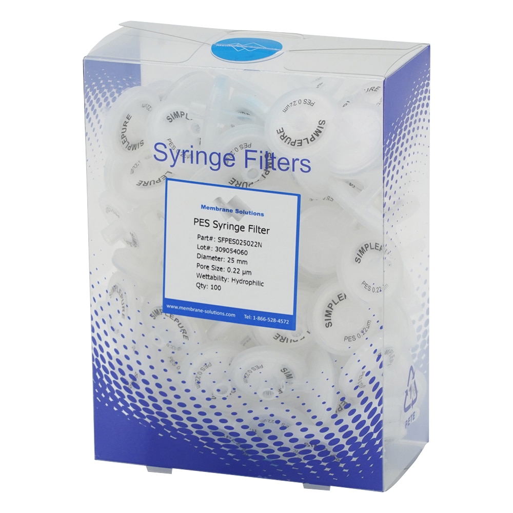 Membrane Solutions シリンジフィルター(親水性)PES φ25mm/φ0.22μm 1箱(100個入) PES025022 1箱(ご注文単位1箱)【直送品】