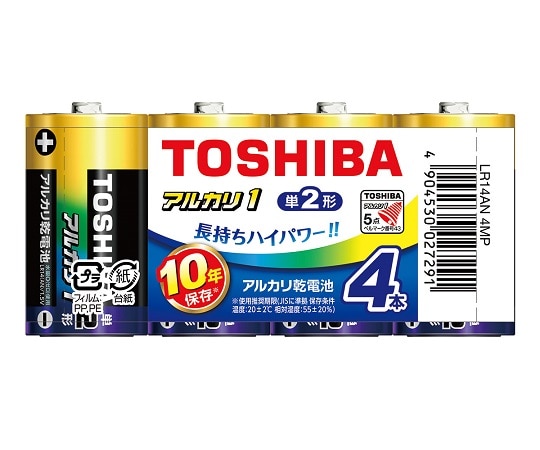 東芝 アルカリ乾電池 単2形 4本入 LR14AN 4MP 1パック(ご注文単位1パック)【直送品】