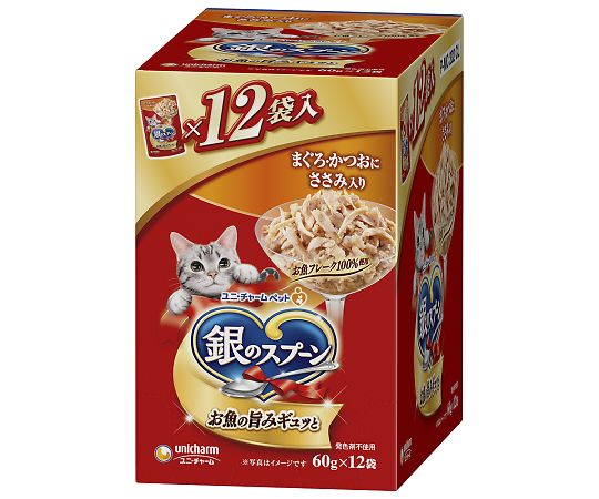 ユニ・チャーム 銀のスプーンパウチ まぐろ・かつおにささみ入り 60gx12個 69893 1箱(ご注文単位1箱)【直送品】