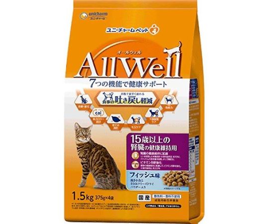 ユニ・チャーム AllWell15歳以上の腎臓の健康維持用フィッシュ味挽き小魚とささみフリーズドライパウダー入り1.5kg 65354 1個(ご注文単位1個)【直送品】