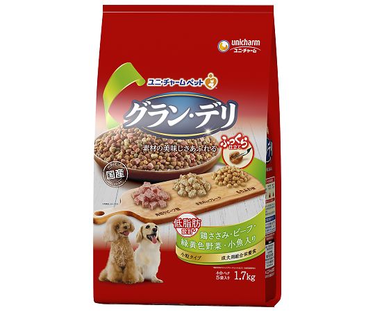 ユニ・チャーム グランデリ ふっくら仕立て 低脂肪 鶏ささみ・ビーフ・緑黄色野菜・小魚・角切りビーフ粒入り 1.7kg 65740 1個(ご注文単位1個)【直送品】
