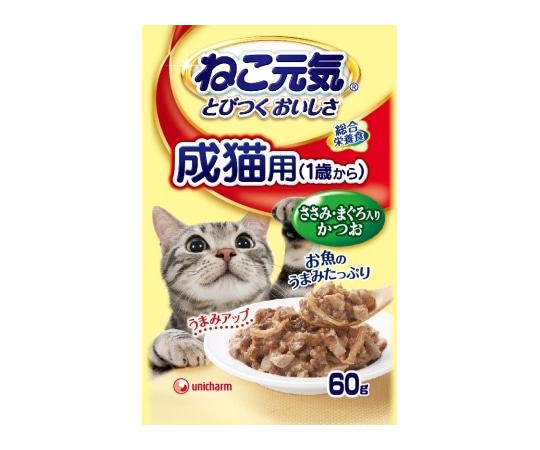 ユニ・チャーム ねこ元気総合栄養食パウチ 成猫用(1歳から)ささみ・まぐろ入りかつお 60g 1個(ご注文単位1個)【直送品】