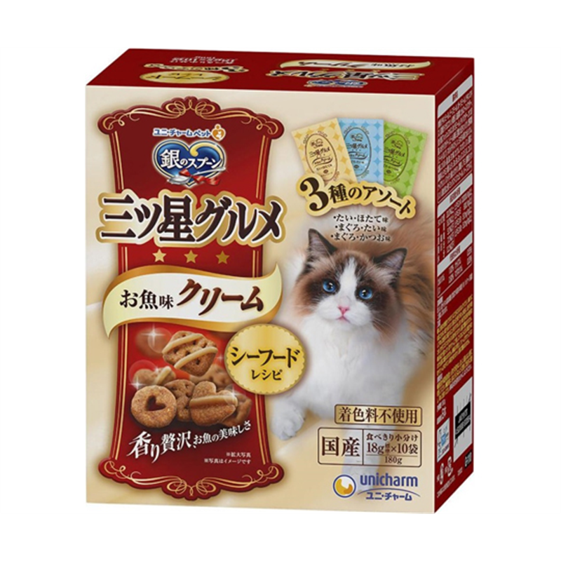 ユニ・チャーム 銀のスプーン 三ツ星グルメ お魚味クリーム シーフードレシピ3種のアソート 180g 1個(ご注文単位1個)【直送品】