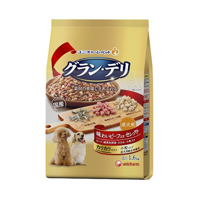 ユニ・チャーム グランデリ カリカリ仕立て 成犬用 味わいビーフ入りセレクト 1.6kg 62164 1個(ご注文単位1個)【直送品】