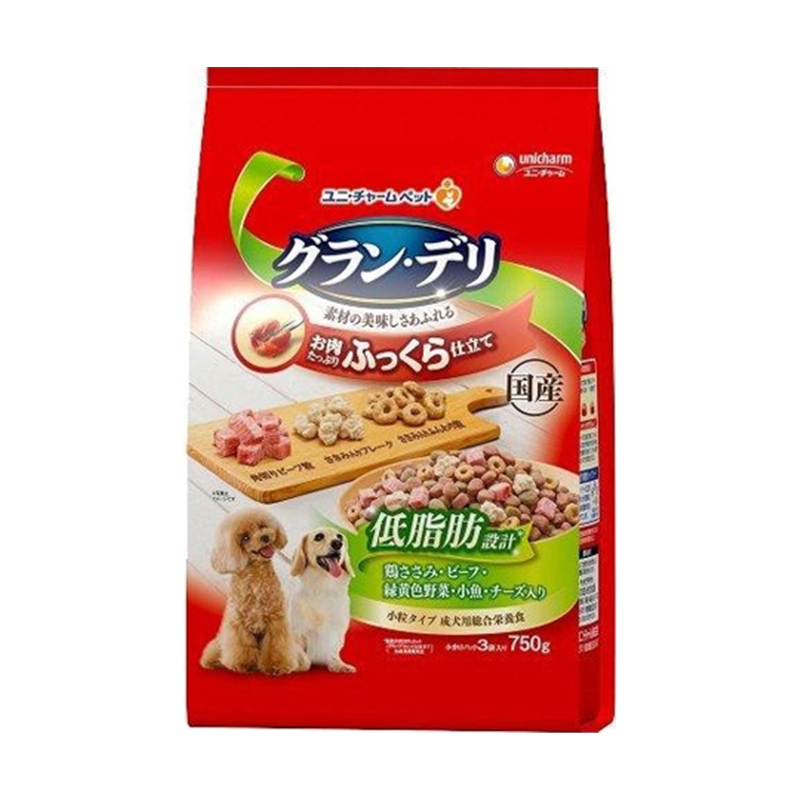 ユニ・チャーム グラン・デリ ふっくら仕立て 低脂肪 鶏ささみ・ビーフ・緑黄色野菜・小魚・チーズ・角切りビーフ粒入 750g 1個(ご注文単位1個)【直送品】