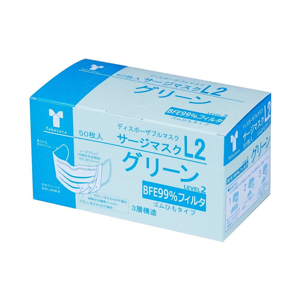 竹虎 サージマスクL2 グリーン 1ケース（50枚×10箱入） 076263 1ケース（ご注文単位1ケース）【直送品】