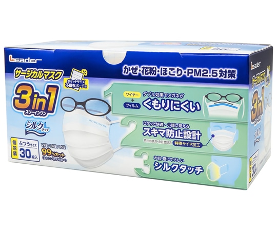日進医療器 リーダーサージカルマスク 3in1 ふつうサイズ 個包装 シルクタッチ 30枚×30箱入 772312 1ケース(ご注文単位1ケース)【直送品】