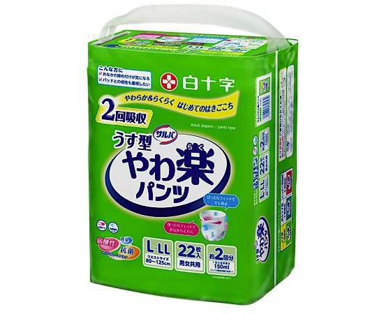 白十字 サルバ うす型 やわ楽パンツ 2回吸収 L-LLサイズ 22枚×4個入 35843 1ケース（ご注文単位1ケース）【直送品】