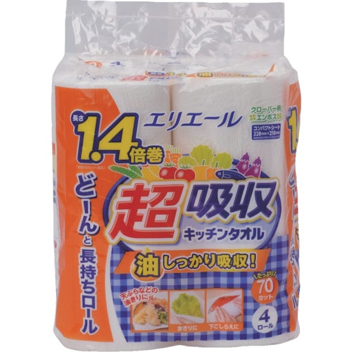 トラスコ中山 エリエール 超吸収キッチンタオル4ロール(70カット)(ご注文単位1ケース)【直送品】