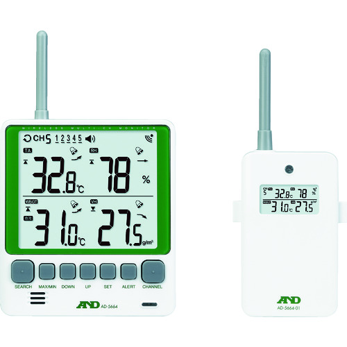 トラスコ中山 A&D マルチチャンネルワイヤレス環境温湿度計 セット AD-5664SET(ご注文単位1セット)【直送品】