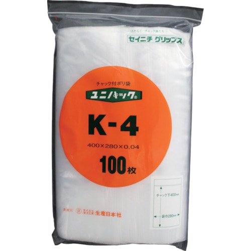 トラスコ中山 セイニチ チャック付ポリ袋 ユニパック K-4 透明 縦400×横280×厚さ0.04mm 100枚入(ご注文単位1袋)【直送品】