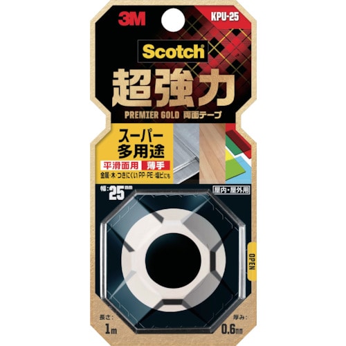 トラスコ中山 3M スコッチ 超強力両面テープ プレミアゴールド スーパー多用途 薄手 25mm×1m(ご注文単位1巻)【直送品】