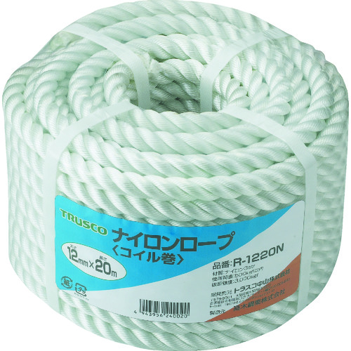 トラスコ中山 TRUSCO ナイロンロープ 3つ打 線径12mmX長さ20m(ご注文単位1巻)【直送品】