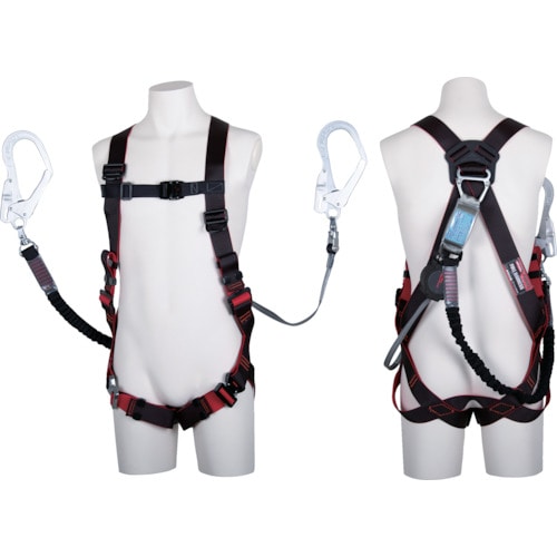 トラスコ中山 ツヨロン レヴォハーネス ツインランヤード付き TH-508-OHNV93SV-OT ワン・ハンドリトラ+ノビロン 黒/赤 Mサイズ 赤(ご注文単位1本)【直送品】