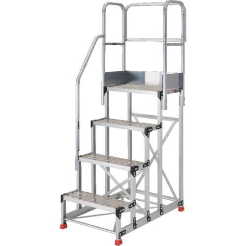 トラスコ中山 TRUSCO アルミ製作業用踏台 縞板タイプ 4段 高さ1.0m 天板寸法600×400 段高250mm 階段片手すり天場三方付き(ご注文単位1台)【直送品】