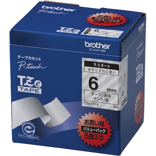 トラスコ中山 ブラザー Tzeテープ 黒文字/透明テープ/6mm (お徳用パック5個入)(ご注文単位1箱)【直送品】