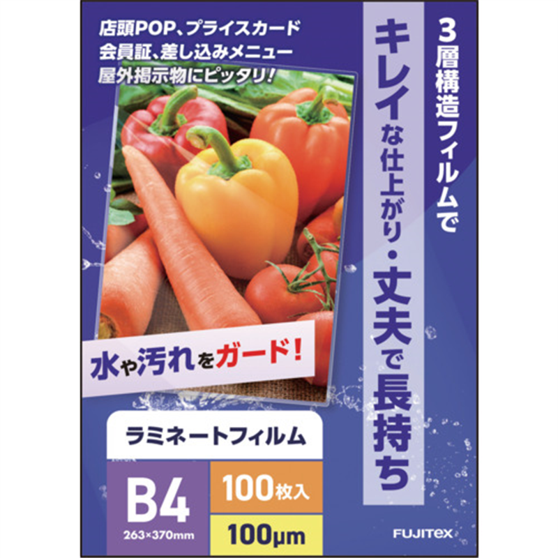 フジテックス ラミネートフィルム100ミクロン B4 100枚入り 1冊(ご注文単位1冊)【直送品】