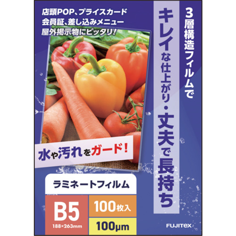 フジテックス ラミネートフィルム100ミクロン B5 100枚入り 1冊(ご注文単位1冊)【直送品】