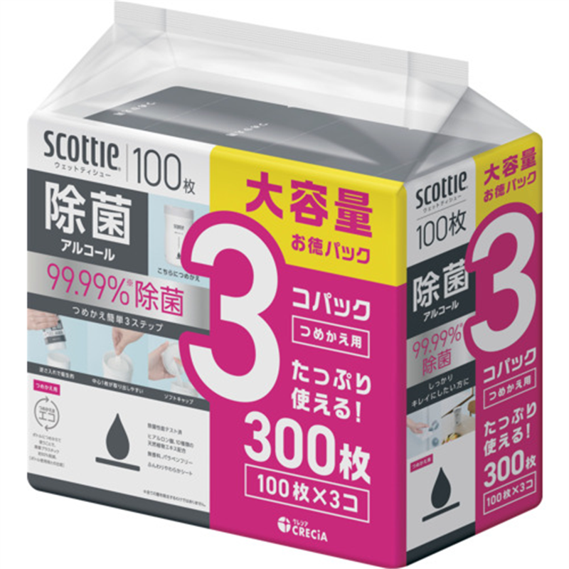 クレシア スコッティ ウェットティシュー除菌 アルコール 100枚 つめかえ用 3コパック 1パック(ご注文単位1パック)【直送品】