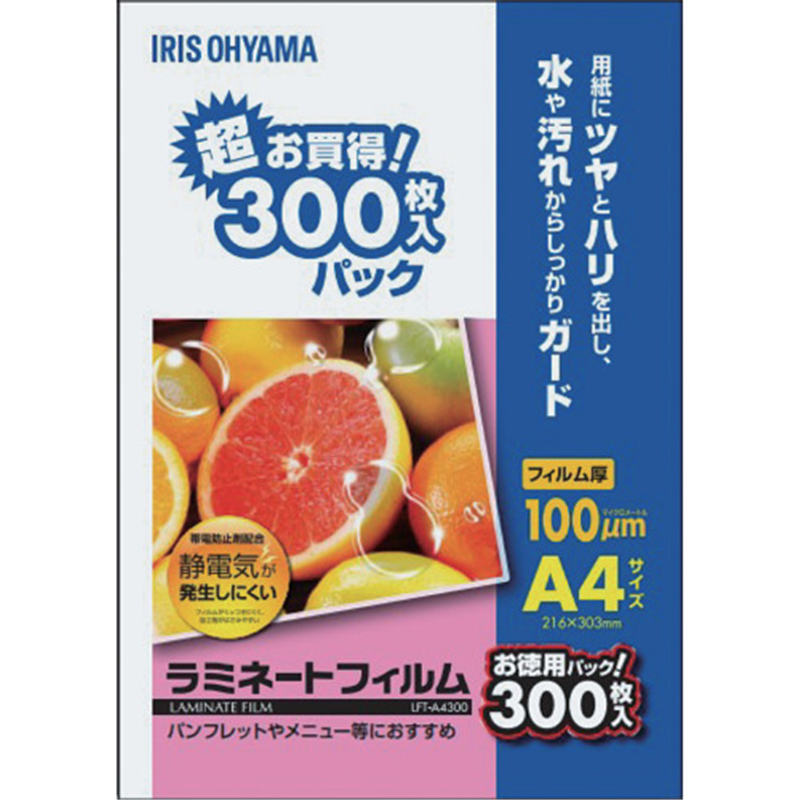 IRIS 298999 帯電防止ラミネートフィルム A4サイズ 100μm 300枚入 1箱（ご注文単位1箱）【直送品】