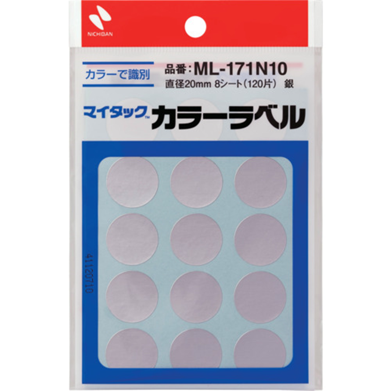 ニチバン マイタックラベル (カラーラベル)ML-171N10 銀 丸20mm 1パック（ご注文単位1パック）【直送品】