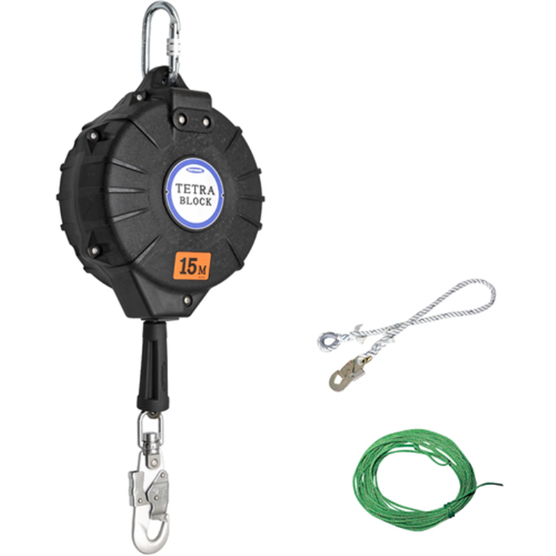 TSUYORON ワイヤロープ巻取式安全ブロック TRB-15 テトラブロック15m 台付・引寄ロープ付 1台（ご注文単位1台）【直送品】