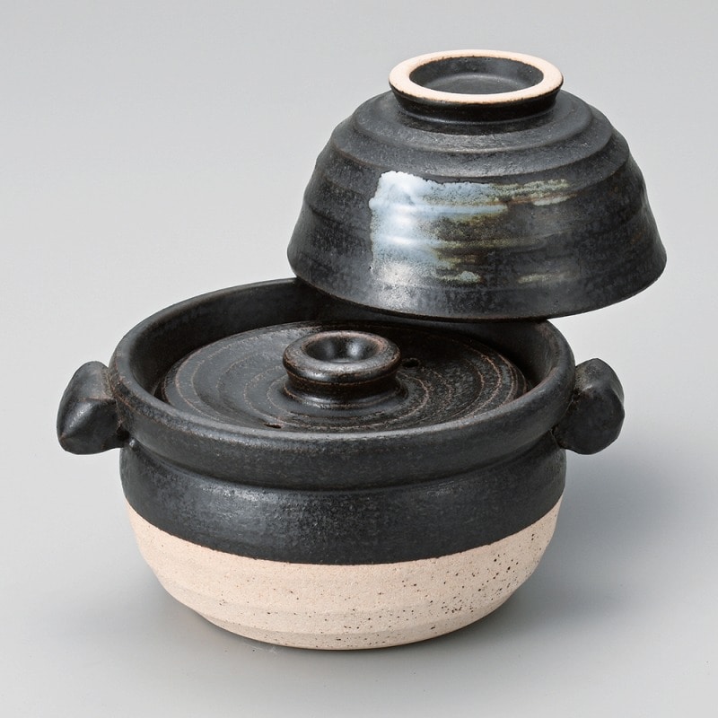 金正陶器 黒陶茶碗付ご飯鍋1合炊(中蓋付) 1個(ご注文単位1個)【直送品】