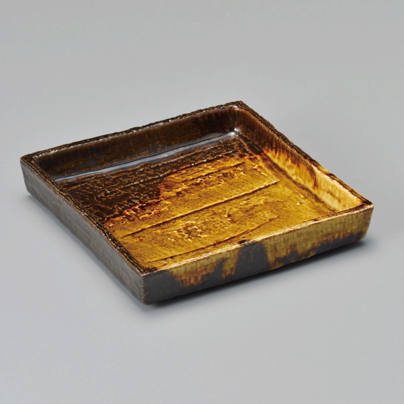 金正陶器 あめ釉掛分け砂目正角5.0皿 1個(ご注文単位1個)【直送品】