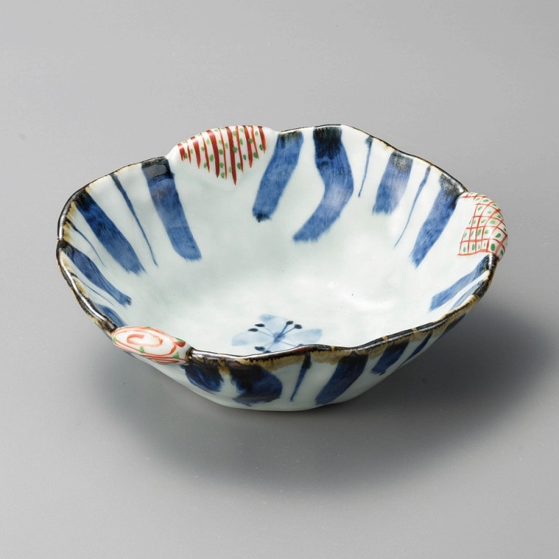 金正陶器 染付赤絵小紋三方なぶり8.0鉢 1個（ご注文単位1個）【直送品】