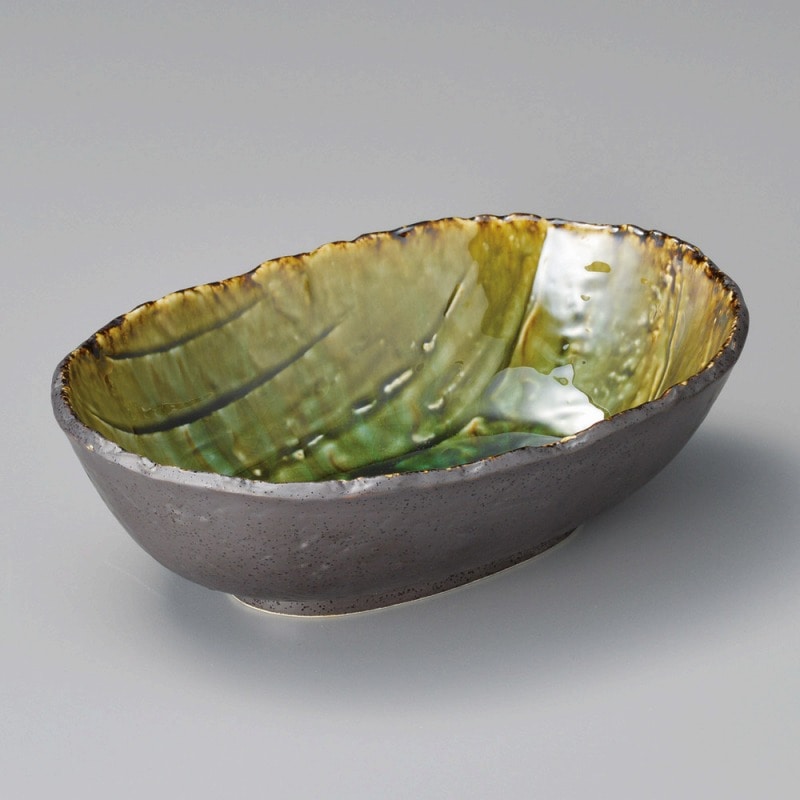 金正陶器 いぶし黒織部手作り楕円鉢(小) 1個(ご注文単位1個)【直送品】