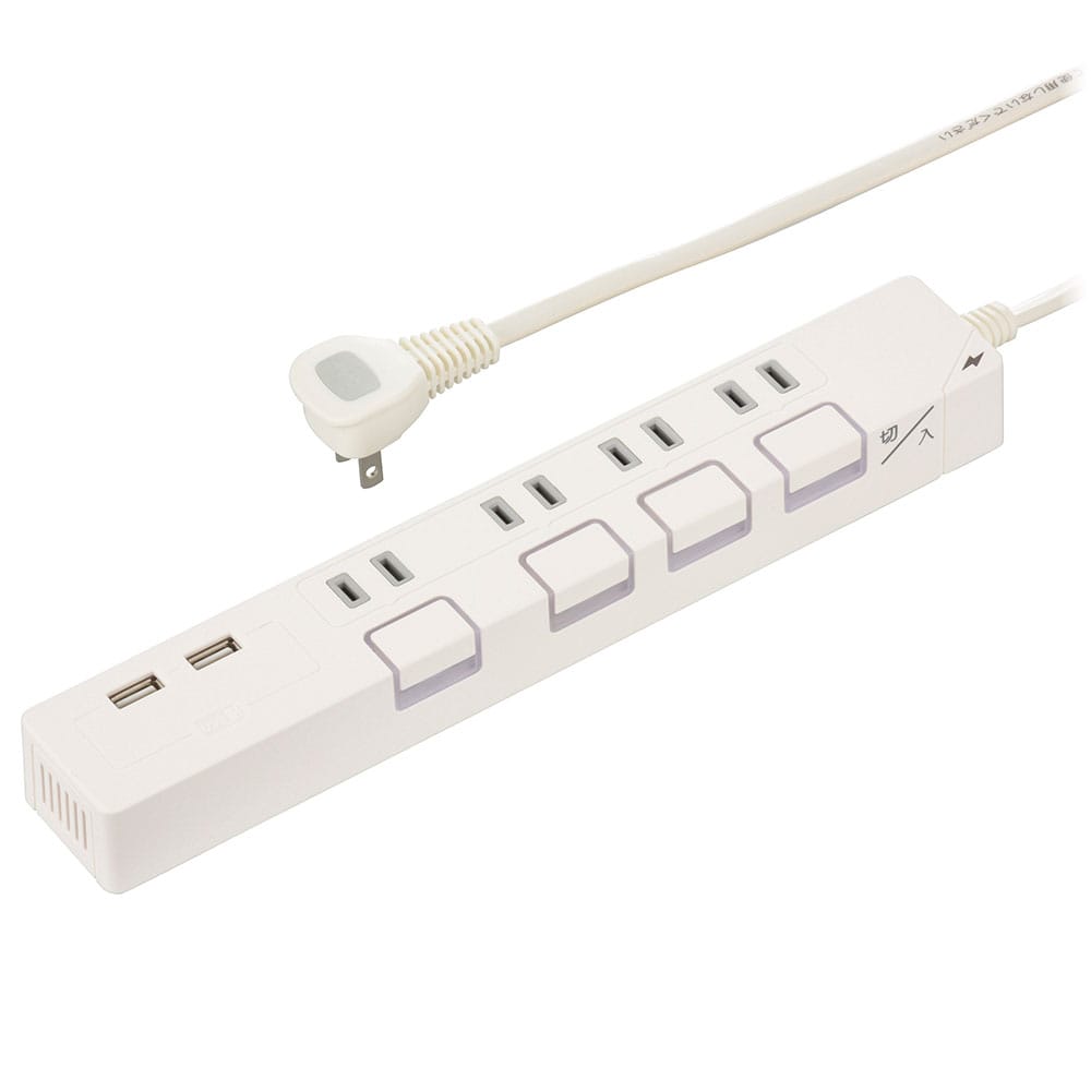 オーム電機 HS-TPKU42W-22 00-1668 節電タップ光る押しボタンスイッチ雷ガード4個口 USBポート付き 2mホワイト（ご注文単位1袋）【直送品】