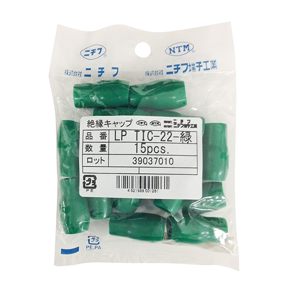 オーム電機 LPTIC-22G 00-4042 ニチフ 絶縁キャップ 圧着端子用 TIC22 緑 15個入 LP TIC-22G(ご注文単位1袋)【直送品】