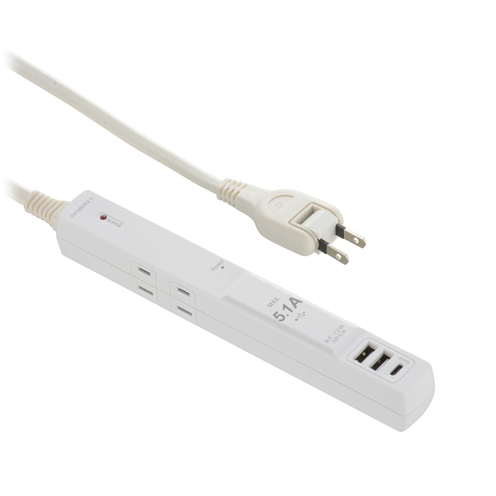 オーム電機 HS-T41C5HUV3-W 00-5395 発煙ガードタップ 4個口 USB3ポート付き 雷ガード 1.5m(ご注文単位1袋)【直送品】