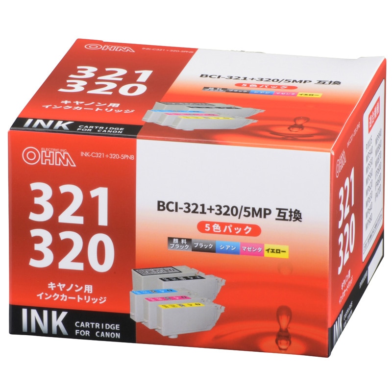 オーム電機 INK-C321+320-5PNB 01-4123 キヤノン互換 BCI-321+320/5MP 顔料ブラック+染料4色(ご注文単位1袋)【直送品】