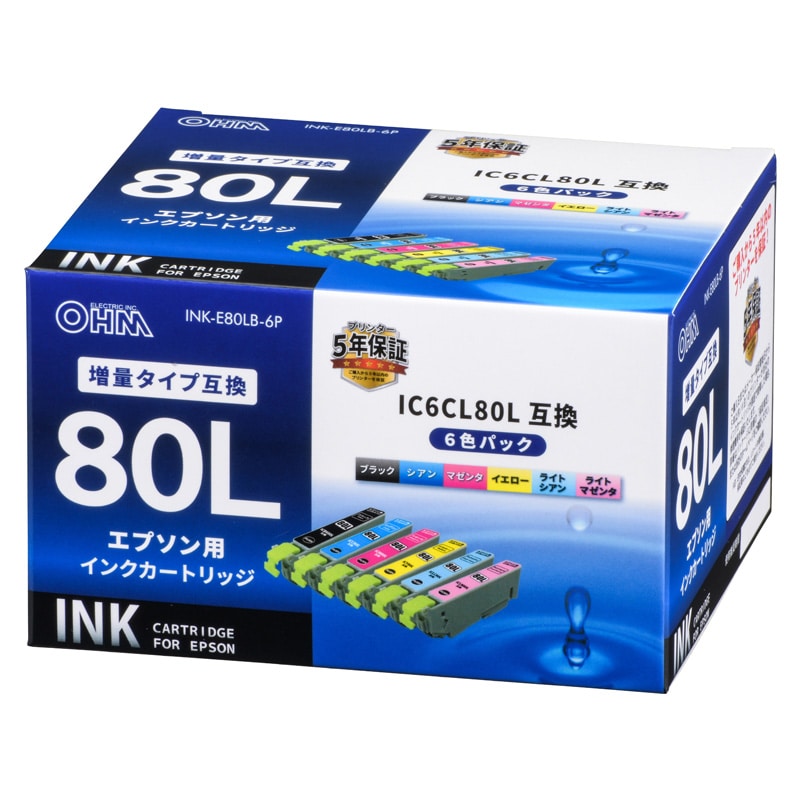 オーム電機 INK-E80LB-6P 01-4144 エプソン互換 IC6CL80L 染料6色(ご注文単位1袋)【直送品】
