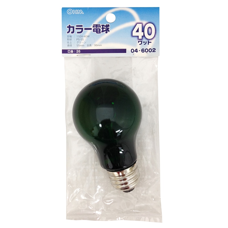 オーム電機 LB-PS5640-CG 04-6002 白熱カラー電球 E26 40W グリーン（ご注文単位1袋）【直送品】