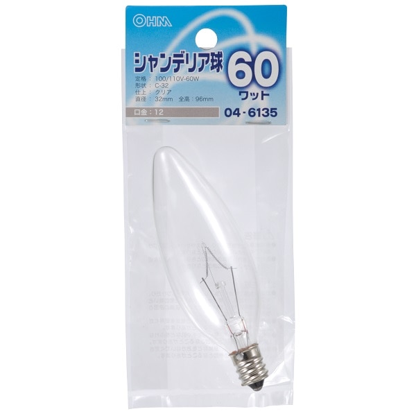 オーム電機 LB-C2260-C 04-6135 シャンデリア球 60W E12 クリア(ご注文単位1袋)【直送品】