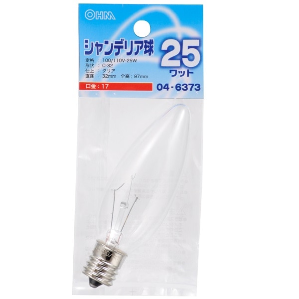 オーム電機 LB-C2725-C 04-6373 シャンデリア球 25W E17 クリア(ご注文単位1袋)【直送品】