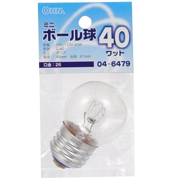 オーム電機 LB-G4640-C 04-6479 ミニボール球 G40 E26/40W クリア（ご注文単位1袋）【直送品】