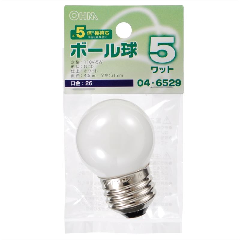オーム電機 LB-G4605-WLL 04-6529 ミニボール球 G40 E26/5W ホワイト(ご注文単位1袋)【直送品】