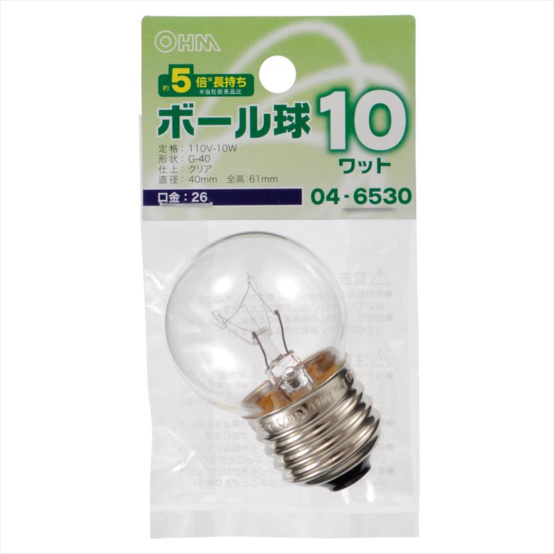 オーム電機 LB-G4610-CLL 04-6530 ミニボール球 G40 E26/10W クリア(ご注文単位1袋)【直送品】