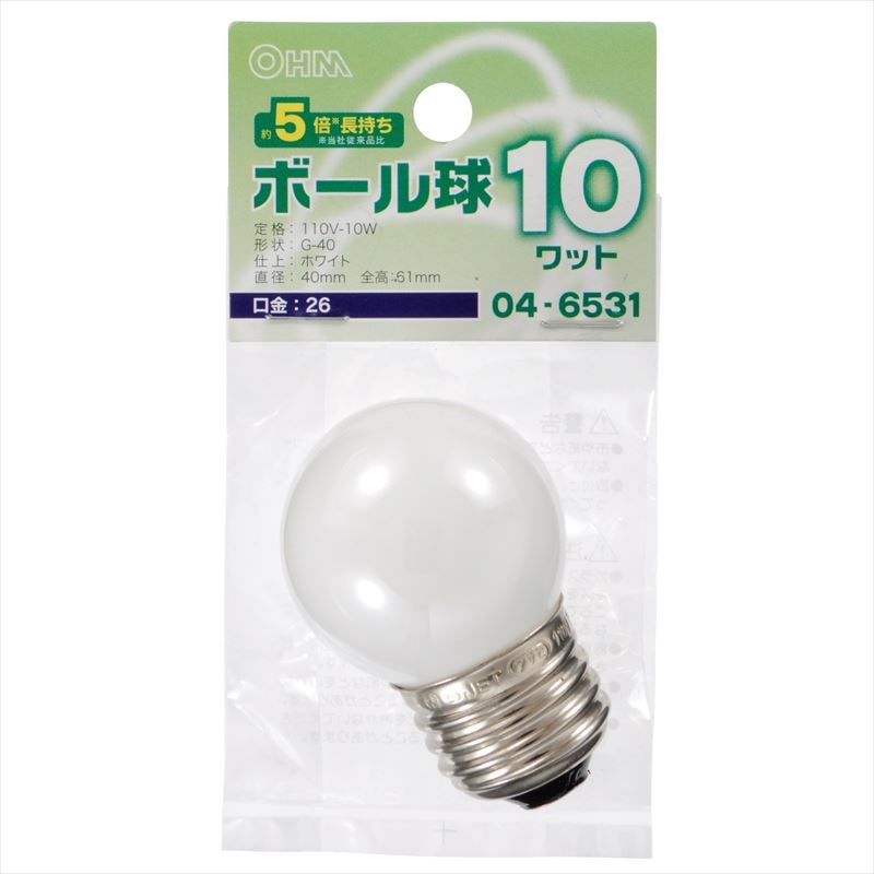 オーム電機 LB-G4610-WLL 04-6531 ミニボール球 G40 E26/10W ホワイト(ご注文単位1袋)【直送品】