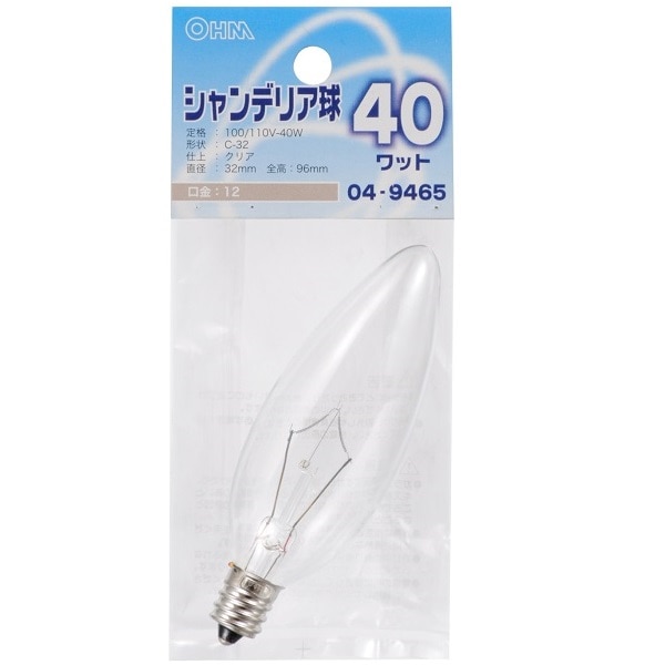 オーム電機 LB-C2240-C 04-9465 シャンデリア球 40W E12 クリア(ご注文単位1袋)【直送品】