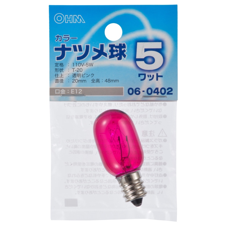 オーム電機 LB-T205-CP 06-0402 カラーナツメ球 E12 5W クリアピンク(ご注文単位1袋)【直送品】