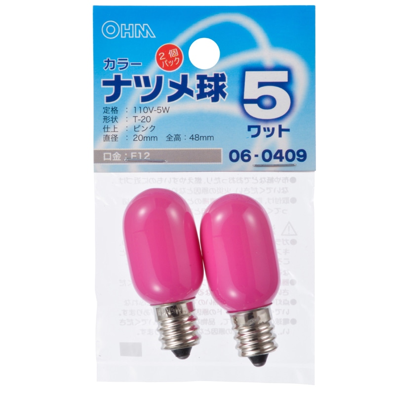 オーム電機 LB-T205-P/2P 06-0409 カラーナツメ球 E12 5W ピンク 2個入(ご注文単位1袋)【直送品】