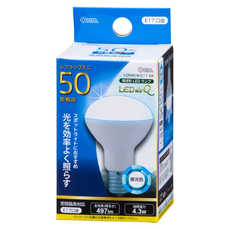 オーム電機 LDR4D-W-E17A9 06-0770 LED電球 ミニレフランプ形 E17 50形相当 昼光色(ご注文単位1袋)【直送品】