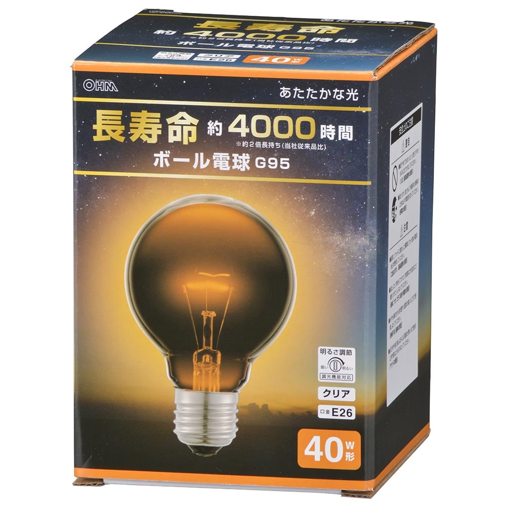 オーム電機 LB-GL9640K-CN 06-0861 長寿命ボール電球E26 40W形 G95クリア(ご注文単位1袋)【直送品】