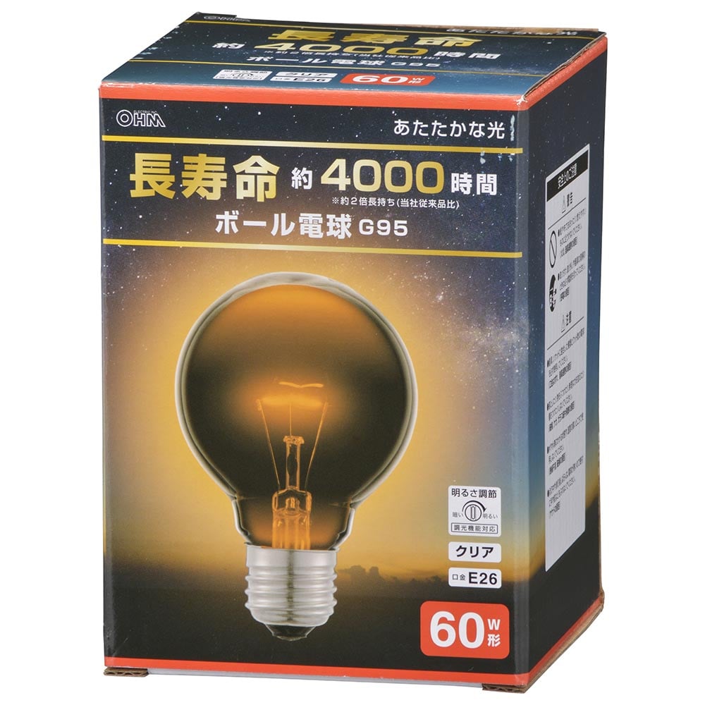 オーム電機 LB-GL9660K-CN 06-0863 長寿命ボール電球E26 60W形 G95クリア(ご注文単位1袋)【直送品】